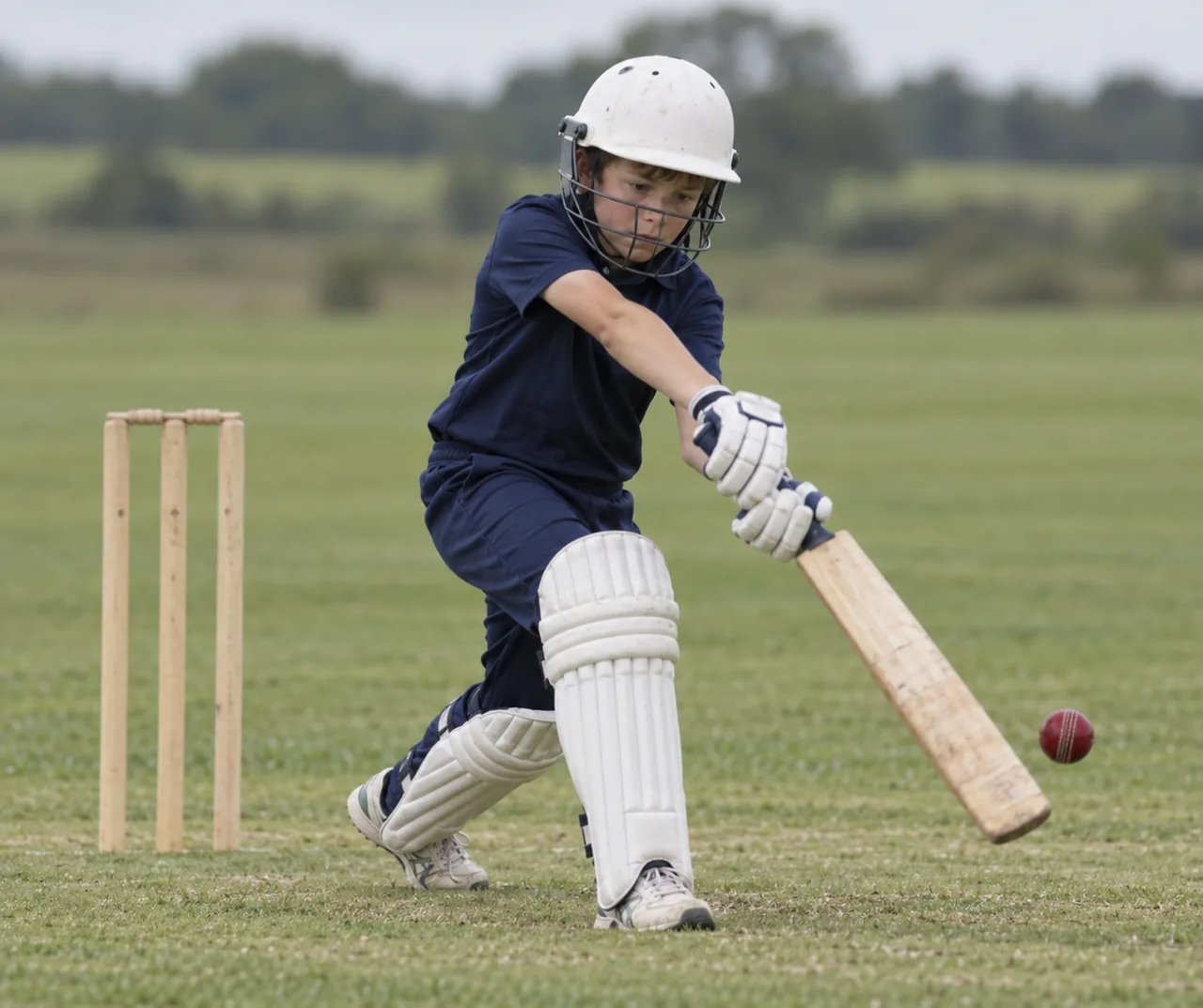 A boy in a white helmet and navy kit plays a front-foot drive, the red ball just off the face of the bat, three stumps standing behind him on a grass field.