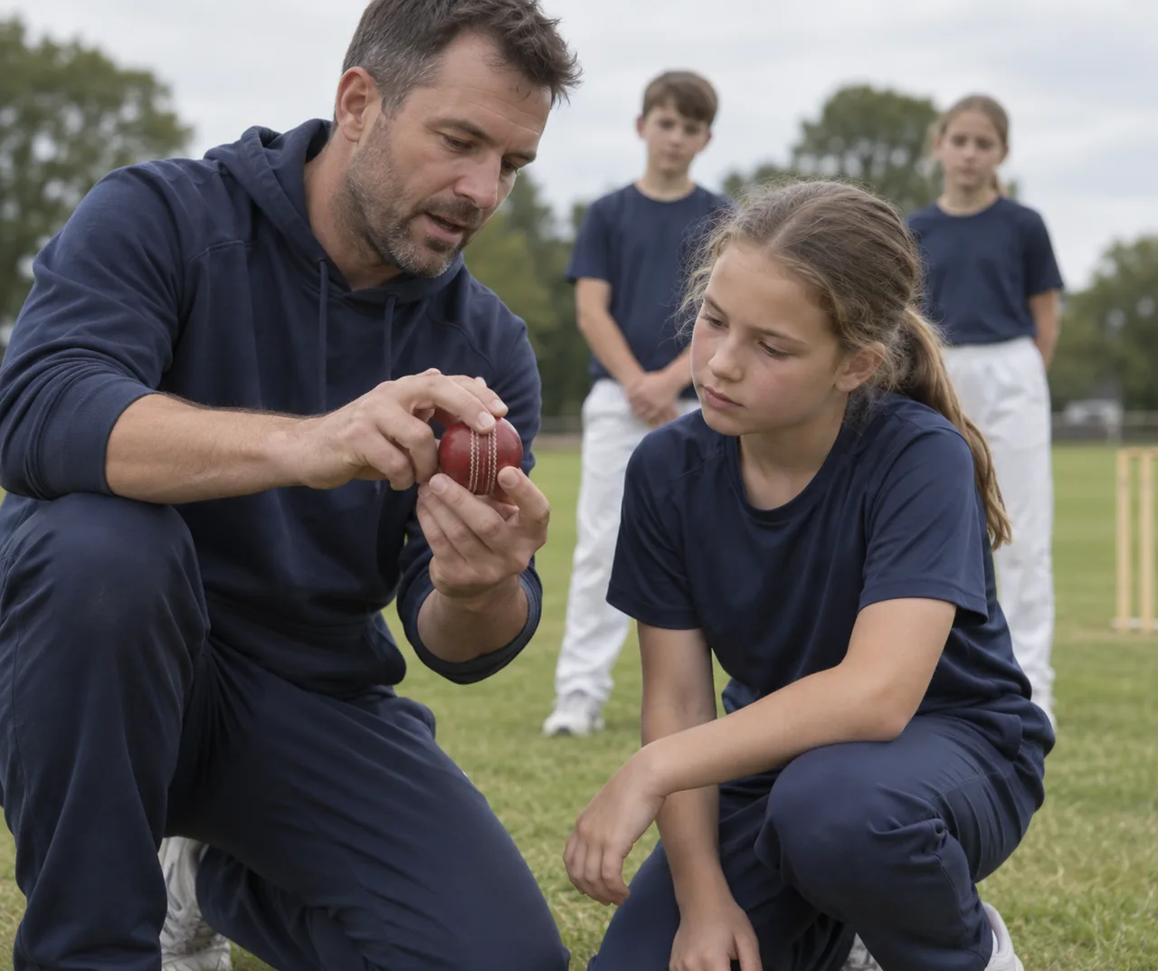 A coach kneels on the grass beside a girl and turns a red cricket ball so she can see how the fingers sit across the seam, while two other children wait behind.