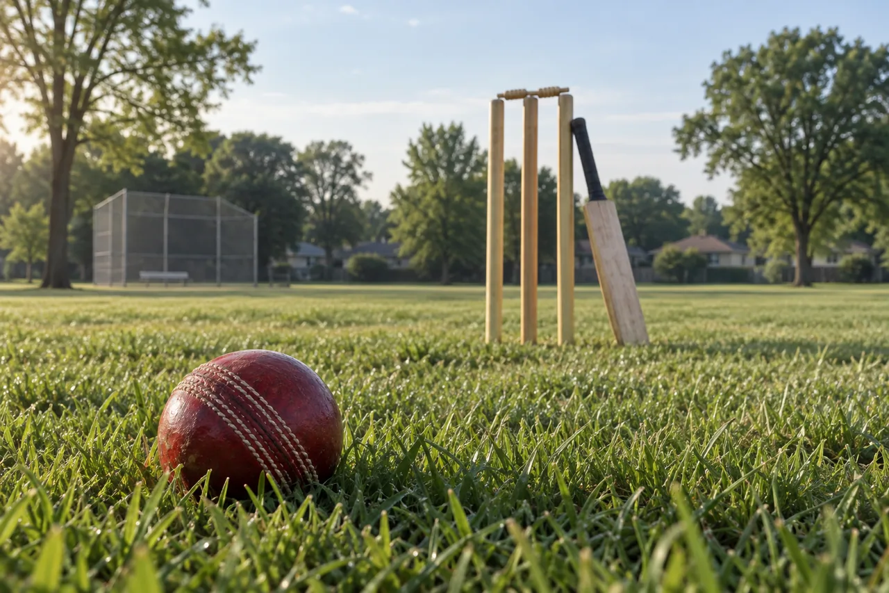 A red cricket ball in the grass of a park field, three stumps with a bat leaning on them behind it, and a chain-link baseball backstop under the trees in the distance.