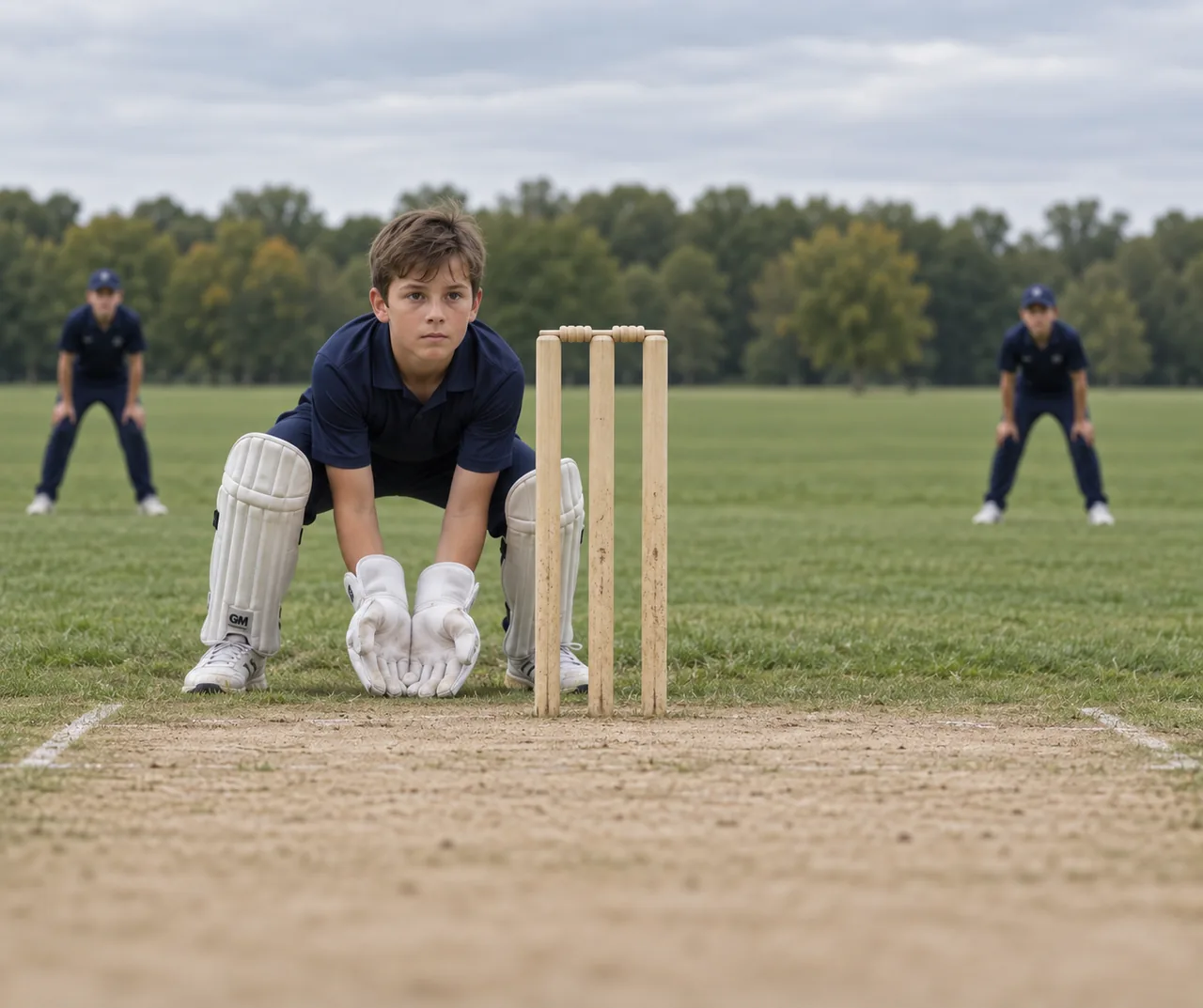 A young wicketkeeper crouches behind three stumps with his gloves together near the turf, the bare tan pitch running toward the camera and two fielders out of focus beyond.