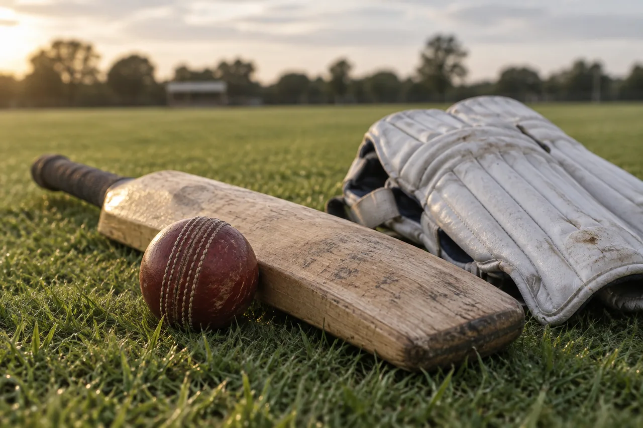 A worn wooden cricket bat lying on cut grass with a scuffed red leather ball resting against it and a pair of white leg pads folded alongside, in low evening light.