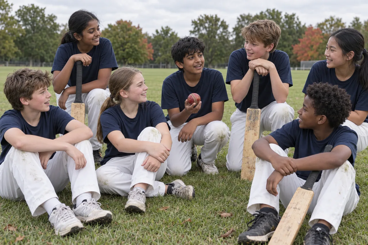 Seven children sit together on the grass after playing, some holding cricket bats upright between their knees, one turning a red ball over in his hand.